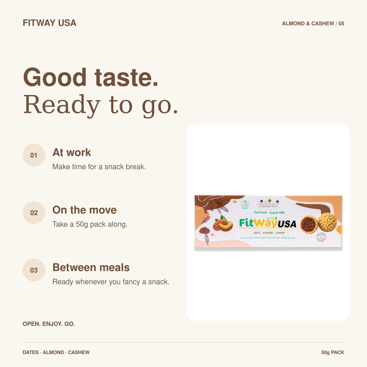 FitWay USA Almond & Date Protein Ball with Cashew 50g | 6g Protein — snack ideas for work, travel and between meals.