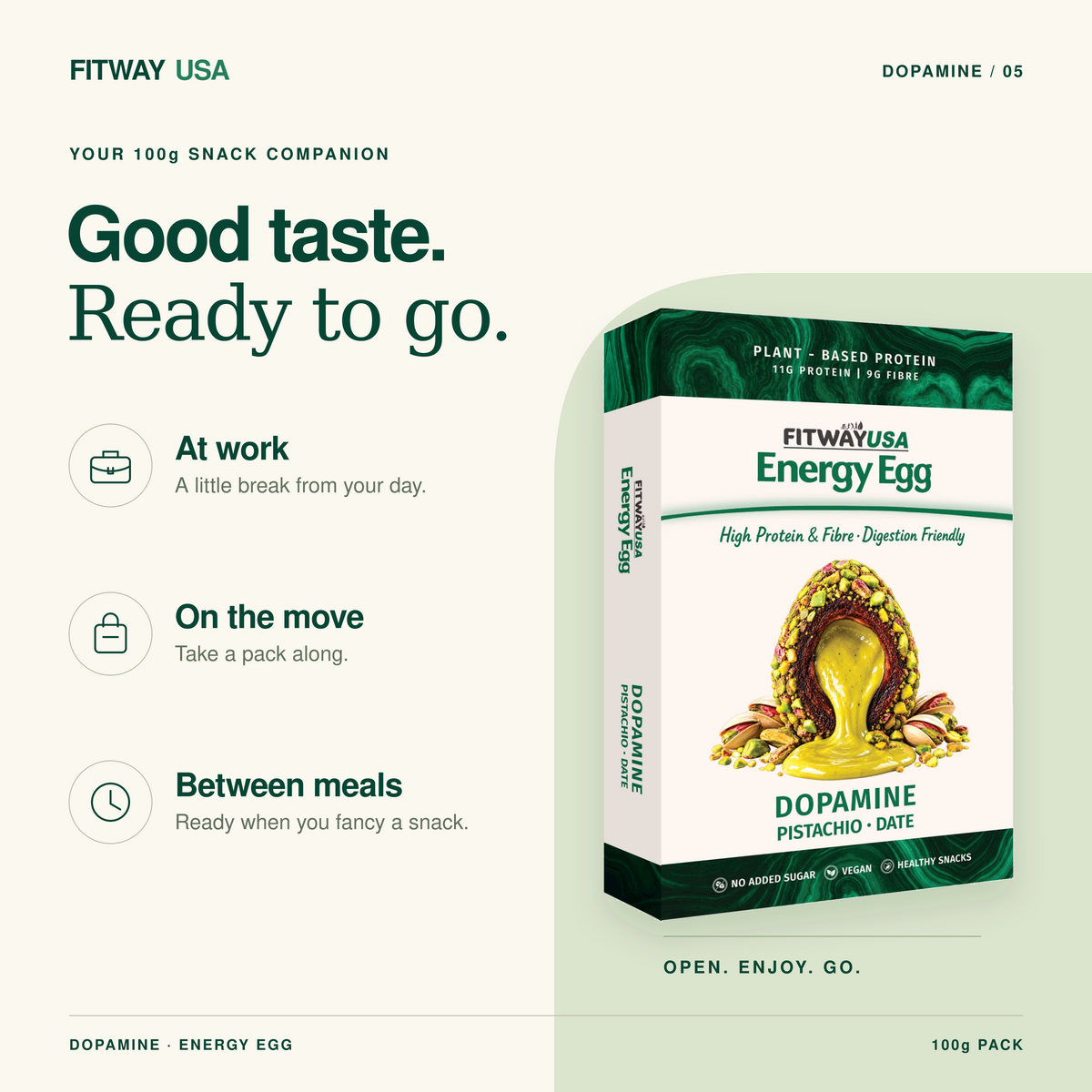 FitWay USA Dopamine Pistachio and Date Energy Egg 100g for snacking at work, on the move, and between meals.