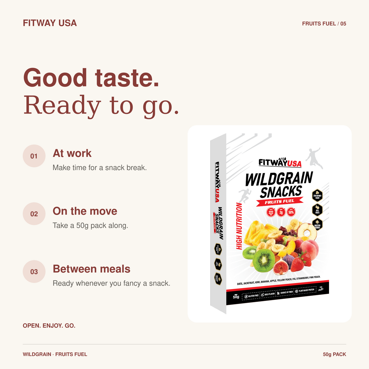 FitWay USA Wildgrain Fruits Fuel Mixed Fruit Snacks 50g — snack ideas for work, travel and between meals.