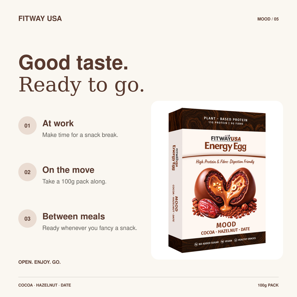 FitWay USA Mood Cocoa, Hazelnut & Date Energy Egg 100g | 11g Protein — snack ideas for work, travel and between meals.