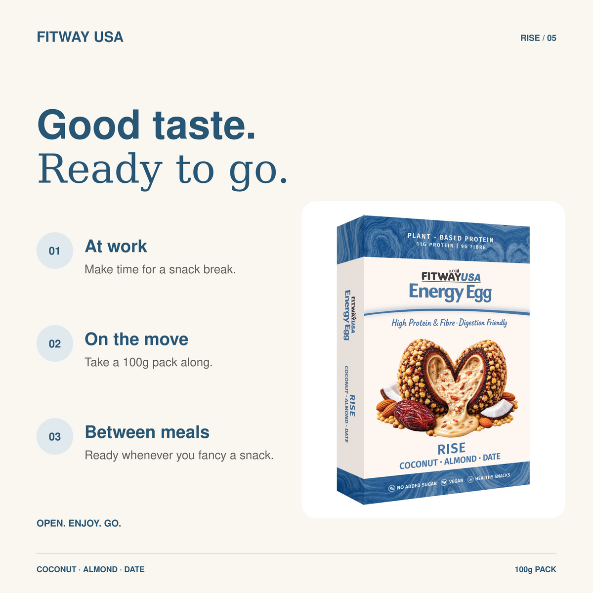 FitWay USA Rise Coconut, Almond & Date Energy Egg 100g | 11g Protein — snack ideas for work, travel and between meals.