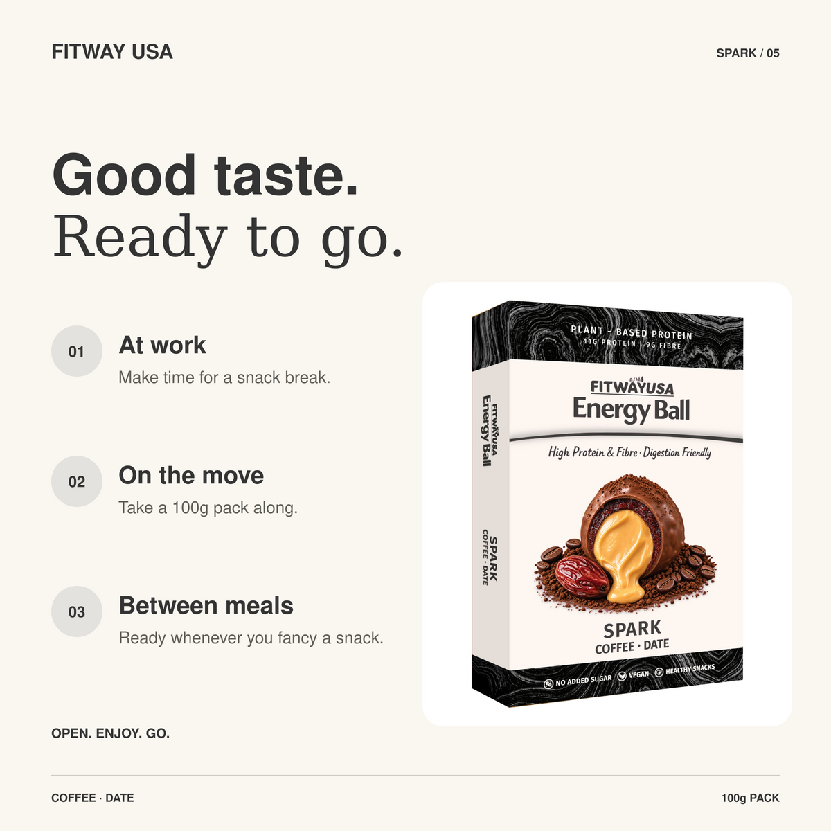 FitWay USA Spark Coffee & Date Energy Ball 100g | 11g Protein — snack ideas for work, travel and between meals.