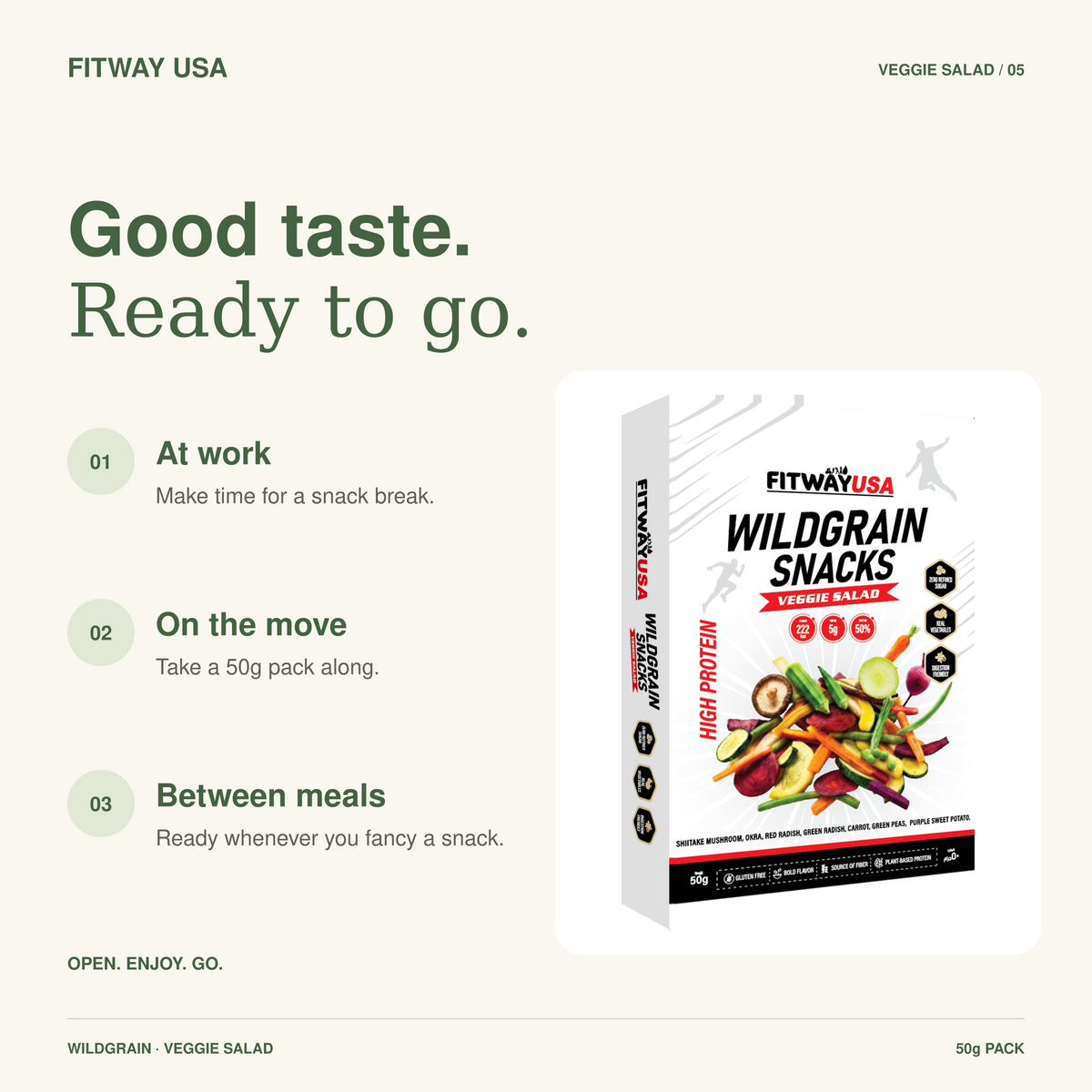 FitWay USA Wildgrain Veggie Salad Snacks 50g | 5g Plant-Based Protein — snack ideas for work, travel and between meals.