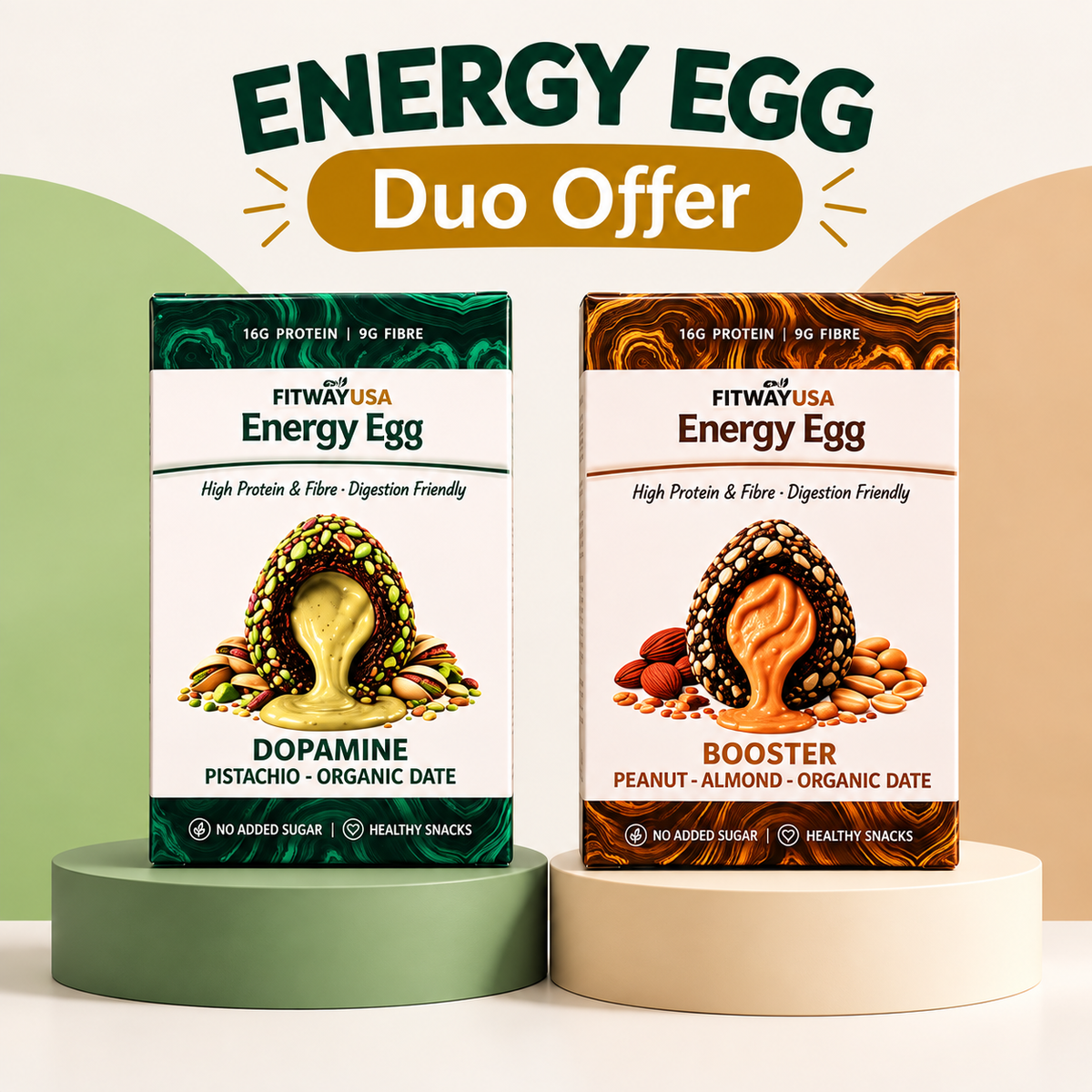 FitWay USA Energy Egg Duo Offer – Dopamine Pistachio & Booster Peanut Almond | 2 × 100g