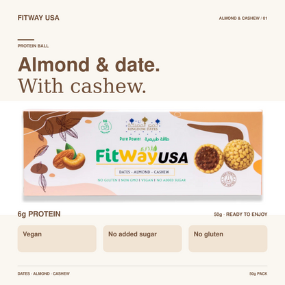 FitWay USA Almond & Date Protein Ball with Cashew 50g | 6g Protein — product overview and key features.
