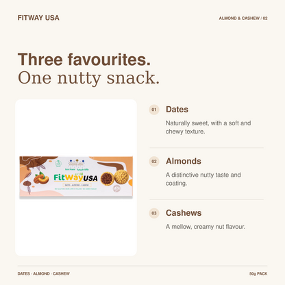 FitWay USA Almond & Date Protein Ball with Cashew 50g | 6g Protein — featured ingredients and flavour details.