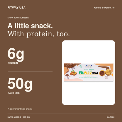 FitWay USA Almond & Date Protein Ball with Cashew 50g | 6g Protein — nutrition and pack information.