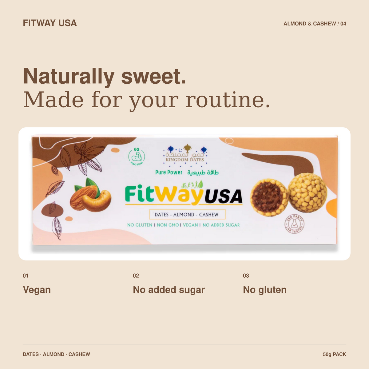 FitWay USA Almond & Date Protein Ball with Cashew 50g | 6g Protein — product features and dietary details.