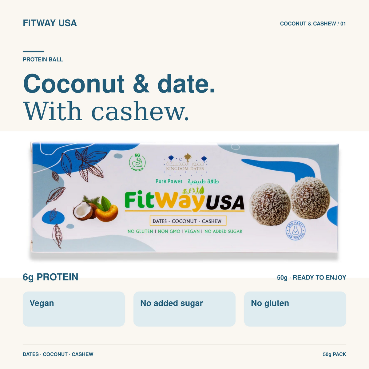 FitWay USA Coconut & Date Protein Ball with Cashew 50g | 6g Protein — product overview and key features.
