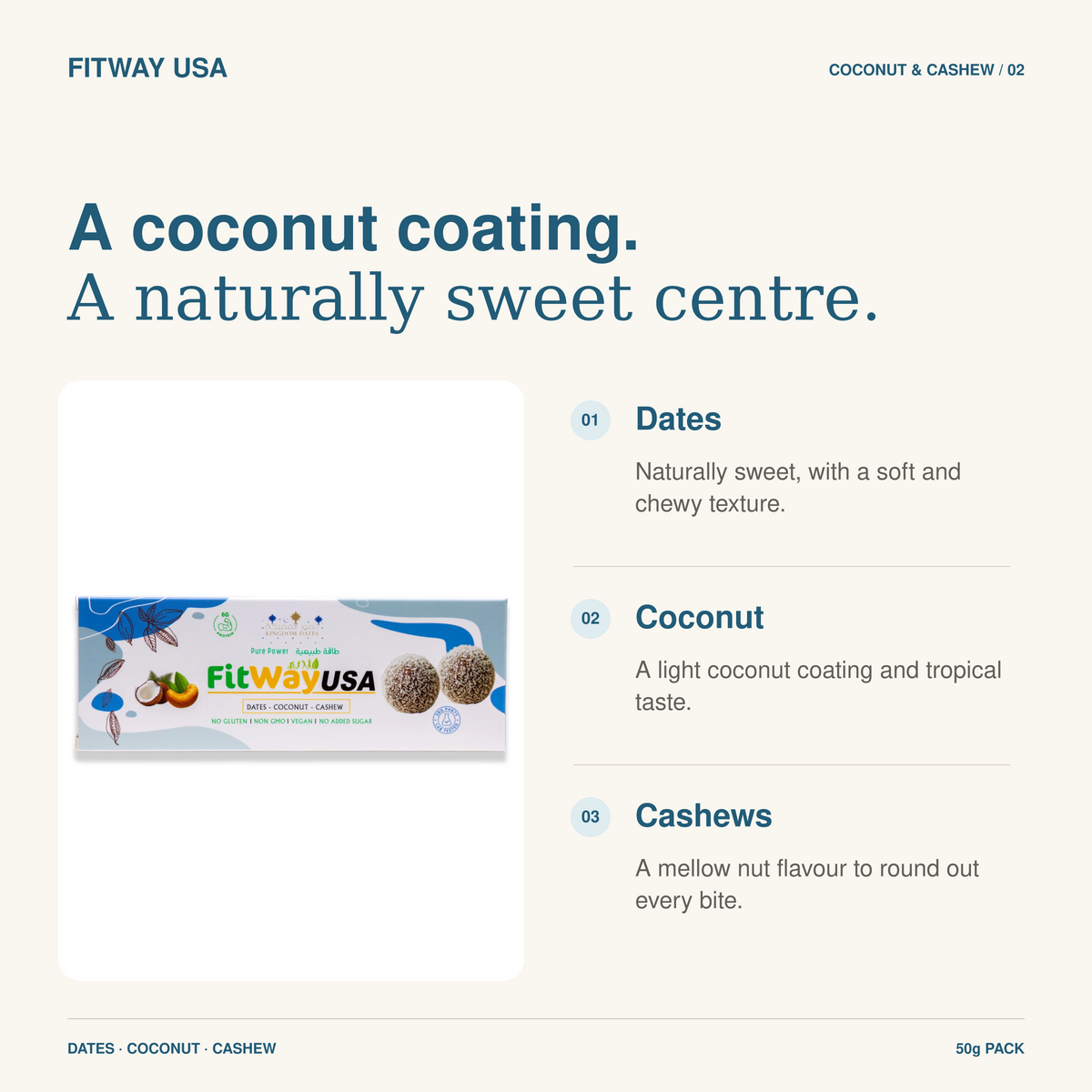 FitWay USA Coconut & Date Protein Ball with Cashew 50g | 6g Protein — featured ingredients and flavour details.