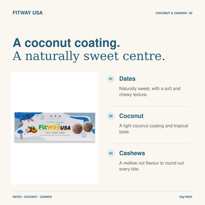 FitWay USA Coconut & Date Protein Ball with Cashew 50g | 6g Protein — featured ingredients and flavour details.