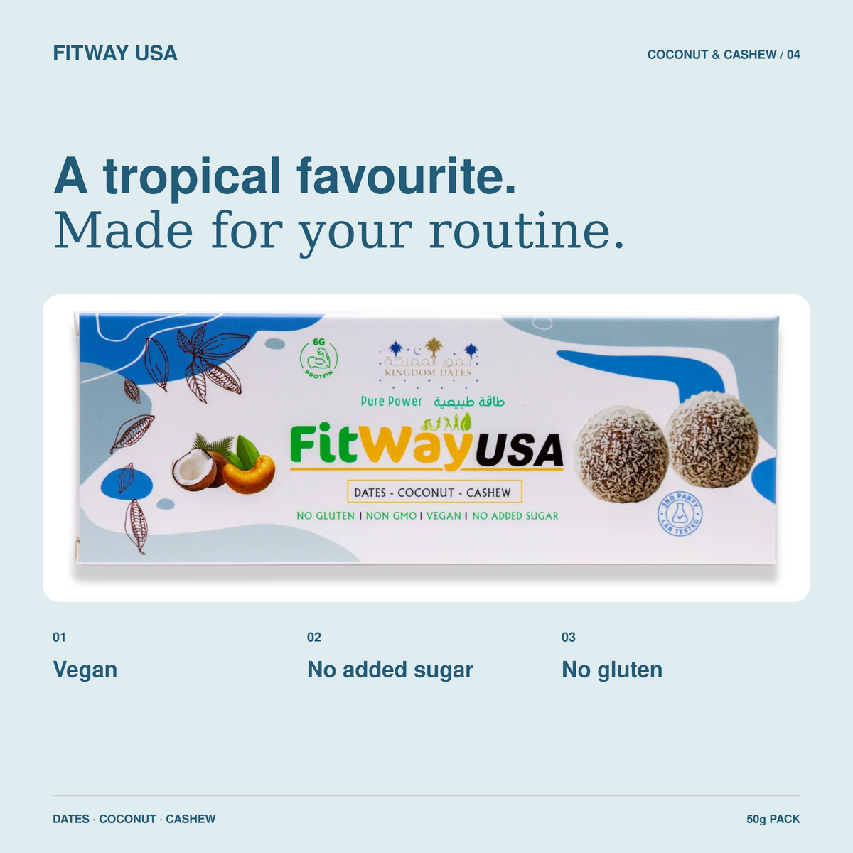 FitWay USA Coconut & Date Protein Ball with Cashew 50g | 6g Protein — product features and dietary details.