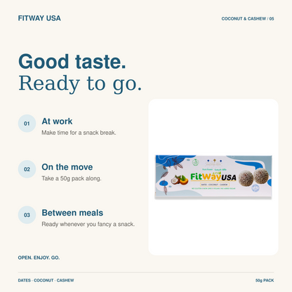 FitWay USA Coconut & Date Protein Ball with Cashew 50g | 6g Protein — snack ideas for work, travel and between meals.