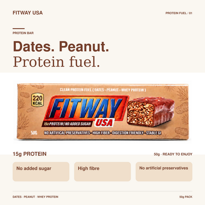 FitWay USA Dates & Peanut Protein Fuel Bar 50g | 15g Protein — product overview and key features.