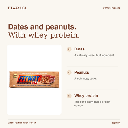 FitWay USA Dates & Peanut Protein Fuel Bar 50g | 15g Protein — featured ingredients and flavour details.