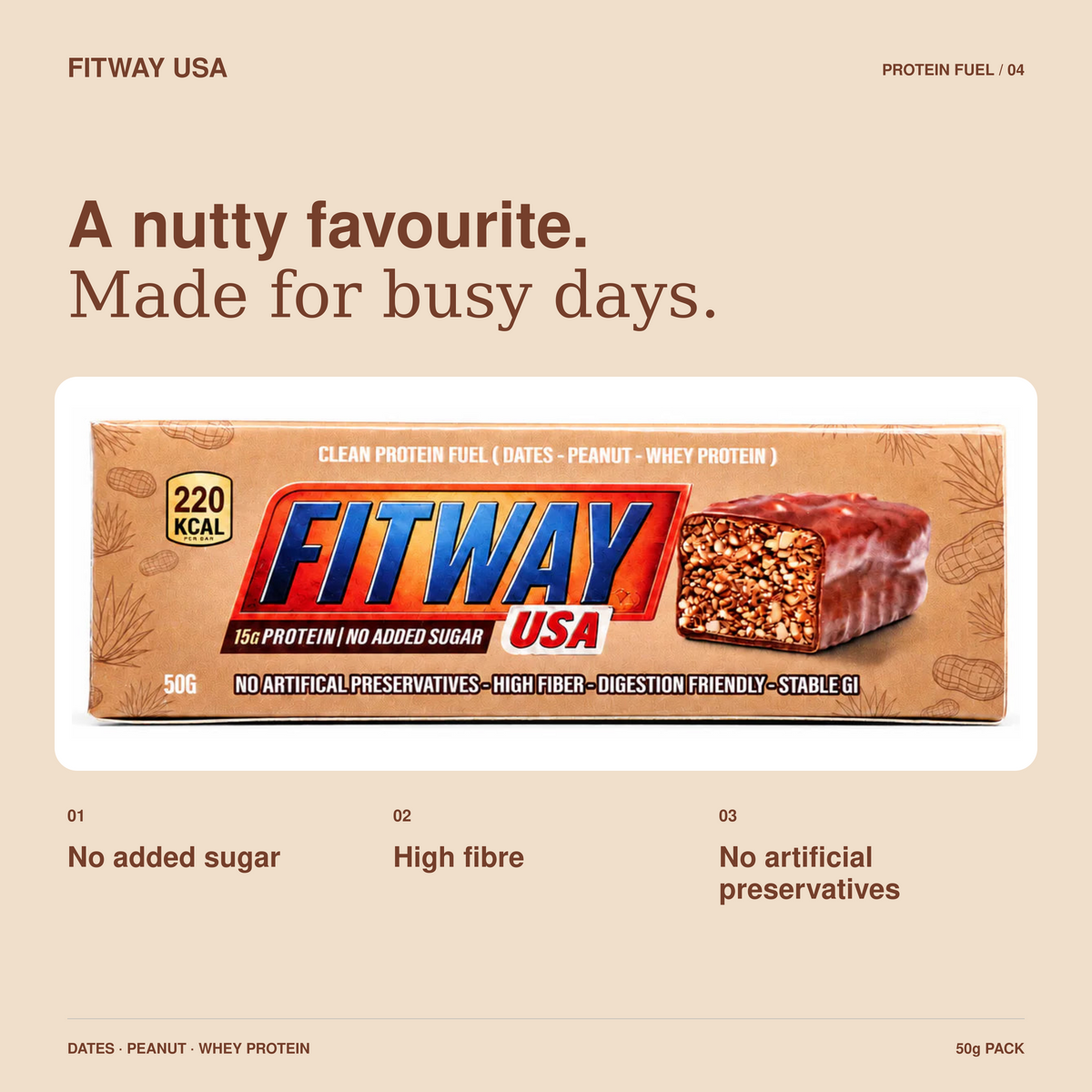 FitWay USA Dates & Peanut Protein Fuel Bar 50g | 15g Protein — product features and dietary details.