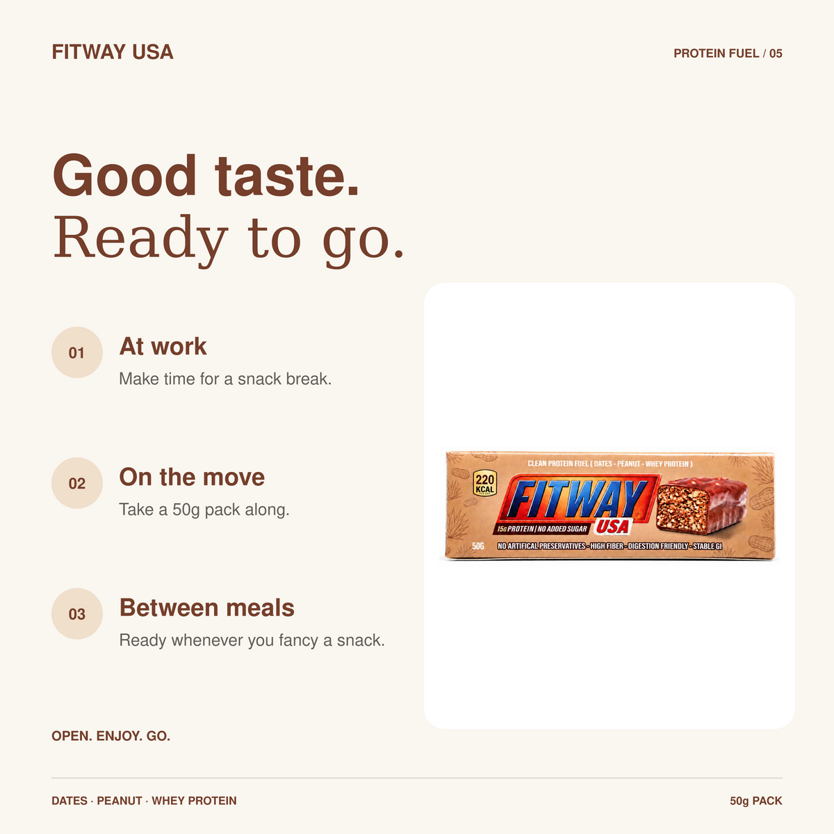FitWay USA Dates & Peanut Protein Fuel Bar 50g | 15g Protein — snack ideas for work, travel and between meals.